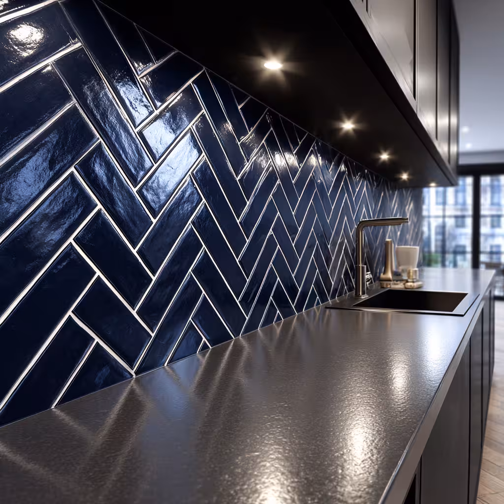 Midnight blue glazed herringbone tile backsplash installation in Englewood CO